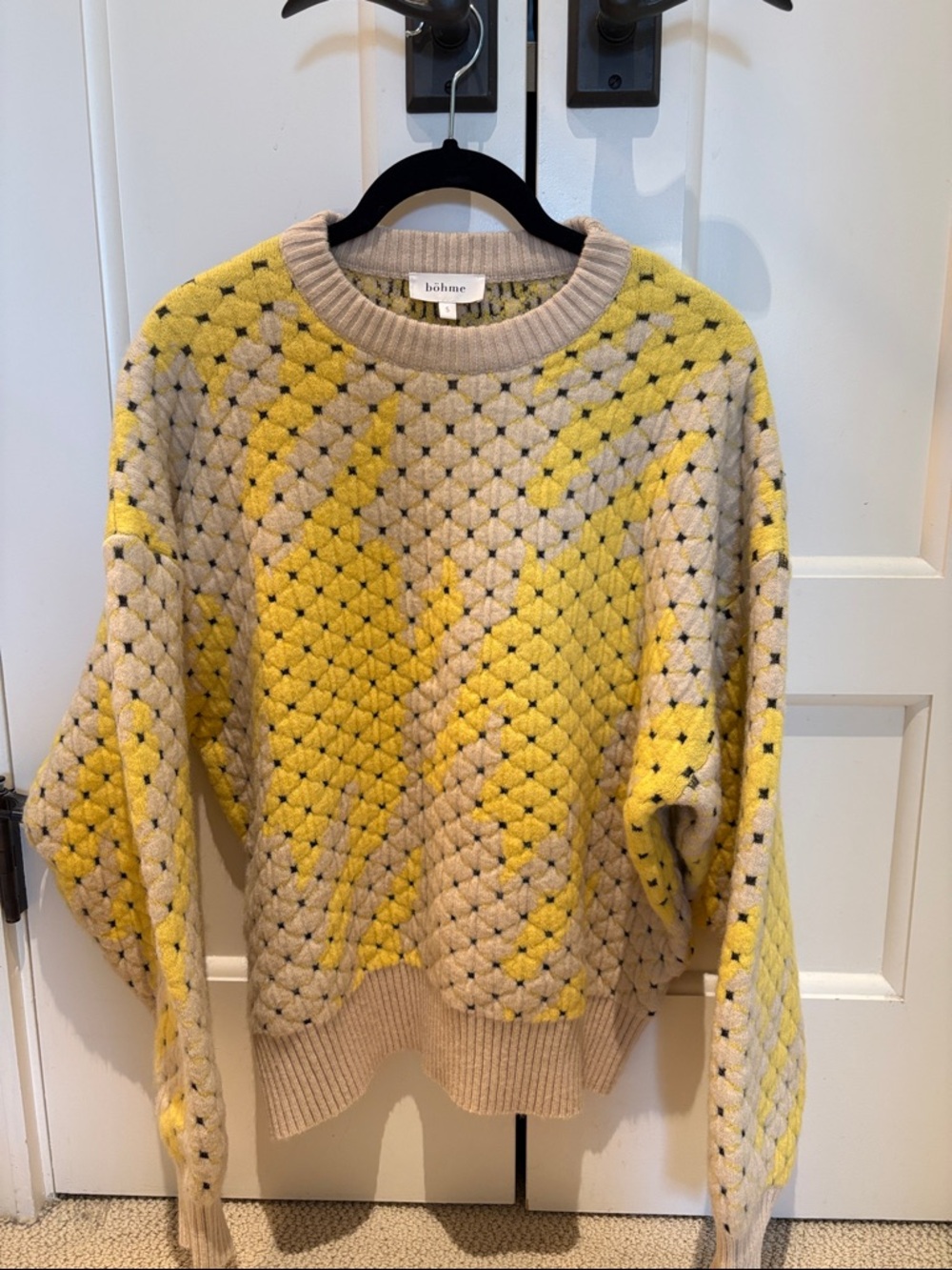 bohme Yellow and Cream Textured Knit Crewneck Sweater